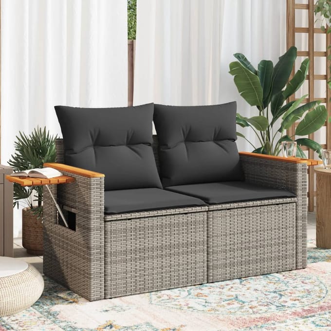 vidaXL - Tuinbank - 2-zits - met - kussens - poly - rattan - grijs