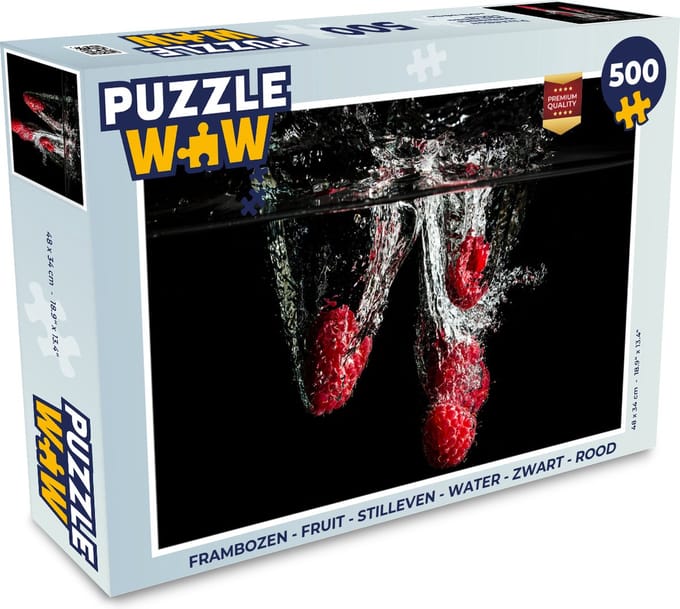 Puzzel Frambozen - Fruit - Stilleven - Water - Zwart - Rood - Legpuzzel - Puzzel 500 stukjes