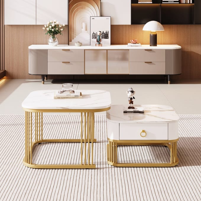 Wishdor Stapelbare salontafel set wit - hoogglans marmerlook, gouden accenten, lade, MDF, compact