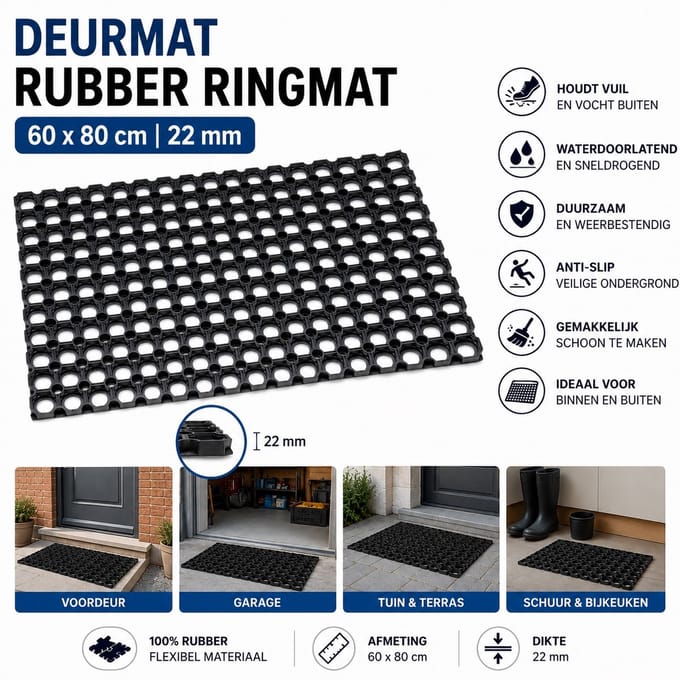Wicotex - Deurmat - Rubber - Ringmat - Schoonloopmat 22mm - Afmeting 60x80cm - Kleur Zwart