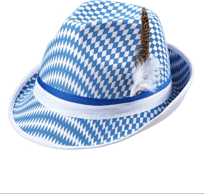 Oktoberfest gleufhoed met veer blauw wit
