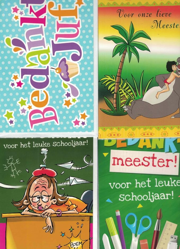 Wenskaart - juf - meester - einde schooljaar - bedankt juf - bedankt meester - set van 4