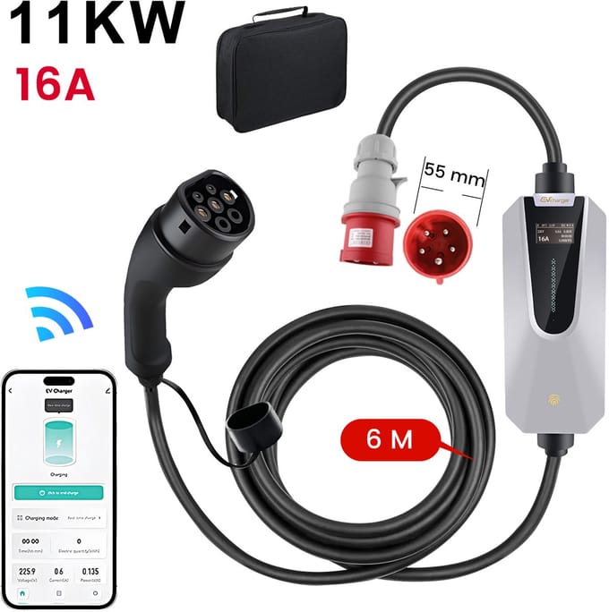 Junsun Mobile Wallbox 11 kW, 16 A, EV-Ladegerät mit CEE-Stecker und Typ-2-Stecker, mit App und WLAN 6M Ladekabel