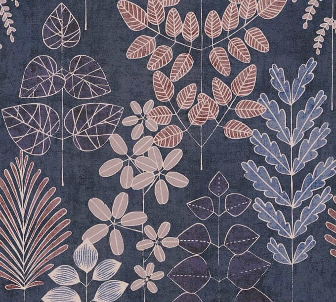 PLANTEN & BLADEREN BEHANG | Retro - Blauw Lila Creme - A.S. Création Nordic Feeling