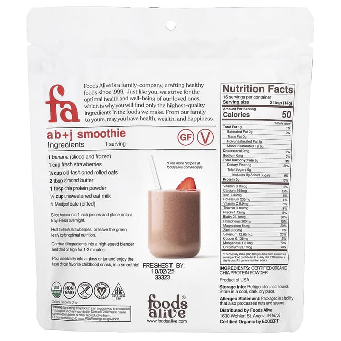 Foods Alive, Biologisch Chia Eiwitpoeder, 8 oz (227 gr)