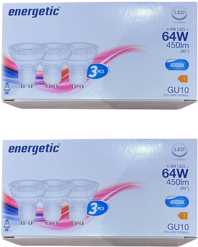 6 stuks (2 x 3) Spot Energetic GU10 4,9 W (64 W) Helder Wit (4000K)