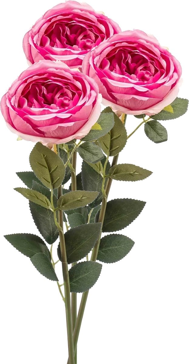 Emerald Kunstbloem roos Joelle - 3x - fuchsia - 65 cm - decoratie bloemen