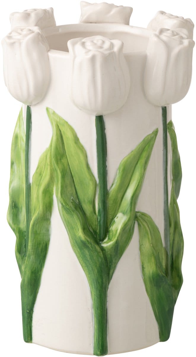 J-Line bloempot Tulp - keramiek - wit/groen - medim