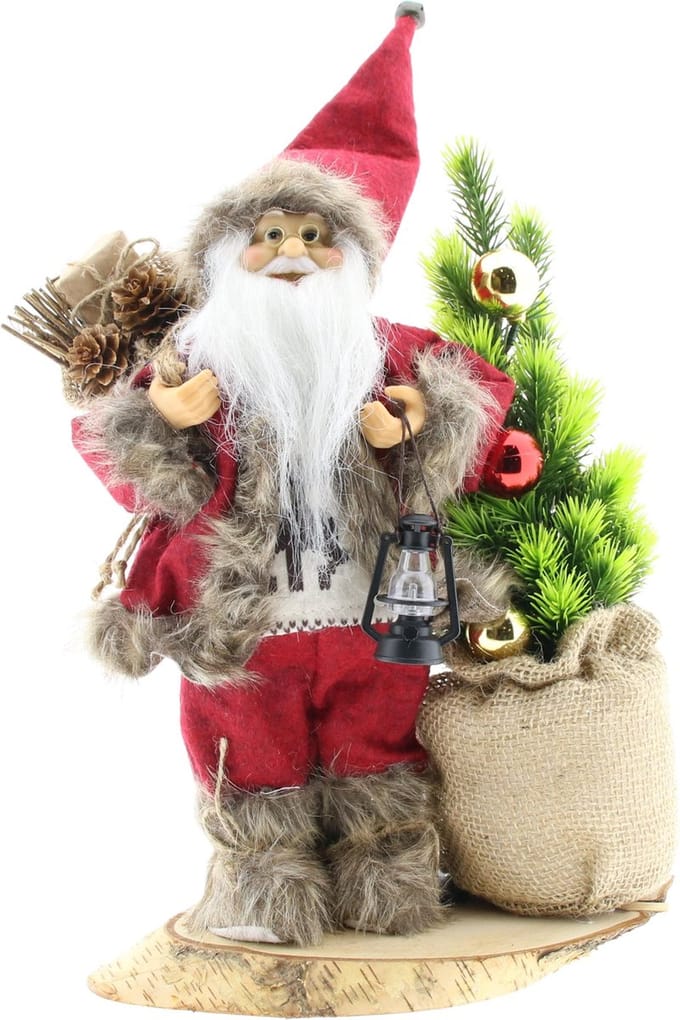 Luxe Afgewerkte Kerst Decoratie Kerstman Staand Naast Kerstboom - Rood-Rood - 30cm