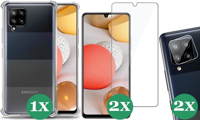 Hoesje geschikt voor Samsung Galaxy A42 - 2x Screenprotector Glas & 2x Camera Screen Protector - Transparant Shock Case