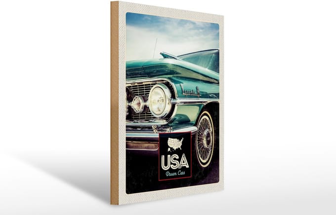 Holzschild Reise 30x40cm USA Amerika blauer Oldtimer
