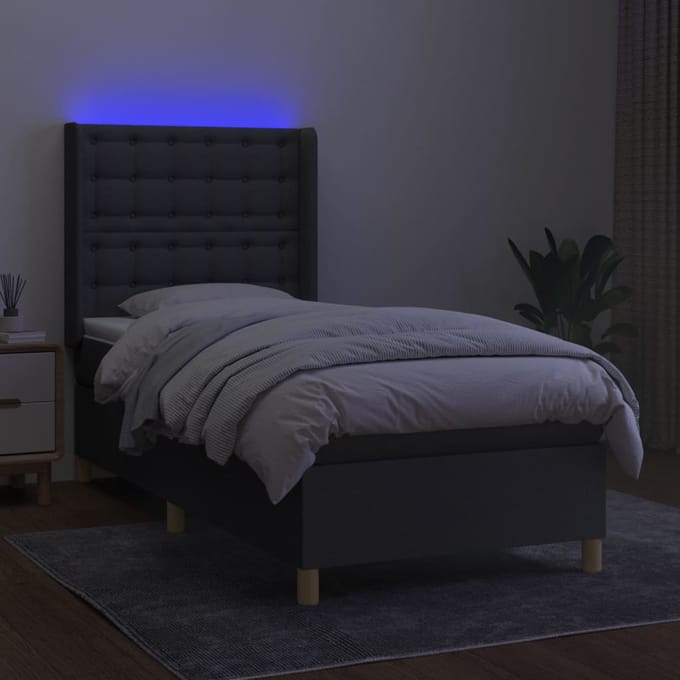 vidaXL - Boxspring - met - matras - en - LED - stof - donkergrijs - 90x200 - cm