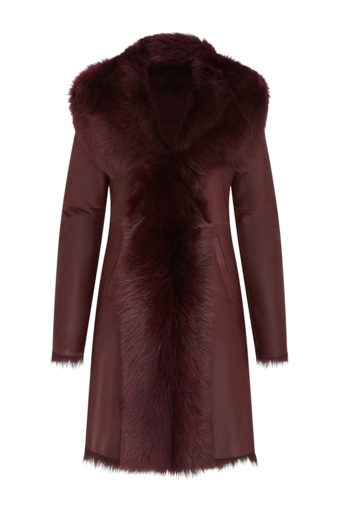 Dames Bordeauxrode Toscaanse trenchcoat met capuchon van echt schapenleer - Verona