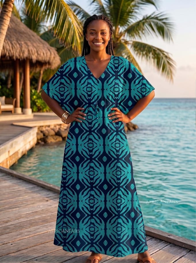 Boho rayon kaftan jurk met tailleband - Turkoois Navy Ocean Mirage - Strand Cover Up Caftan Maxi Jurk