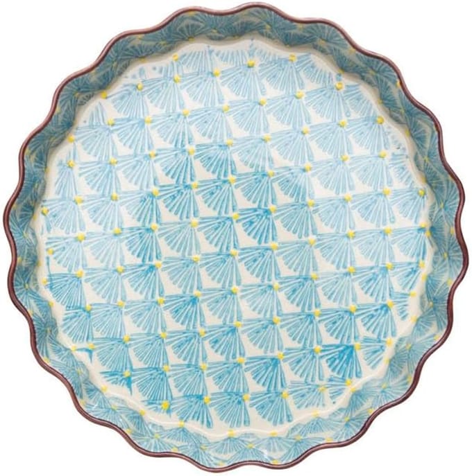 Quichevorm van steengoed met handgestempelde print blauw ART DECO, Ø 22 x 4 cm