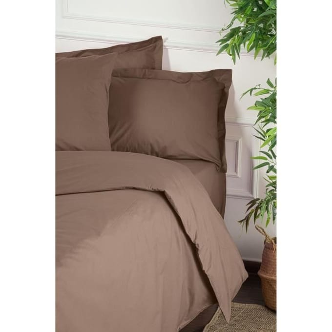 Parure de lit - 1 housse de couette 220 x 240 cm + 2 taies d'oreiller 60 x 60 cm - 100% coton renforcé - Brun