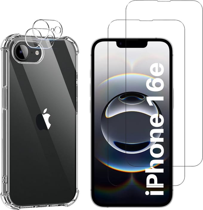 Hoesje geschikt voor iPhone 16e backcover Shockproof siliconen Transparant + 2 stuks Screenprotector Gehard Glas + 2 stuks Camera Protector