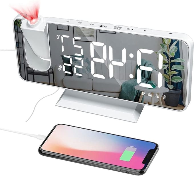 Digitale Wekker - Projectiewekker Spiegel - Wakker Worden - Dubbele Alarmen USB Poort - 18.8 cm - Wit