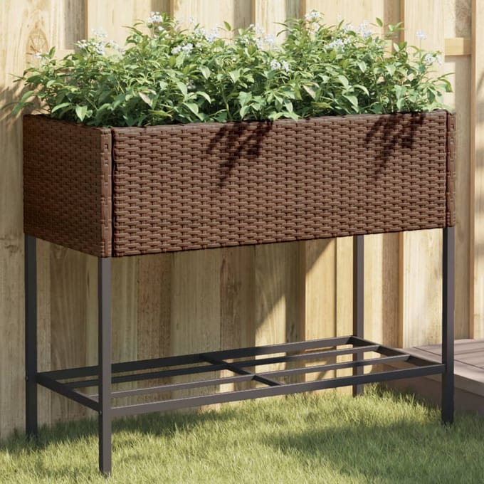 vidaXL - Plantenbak - met - schap - poly - rattan - bruin