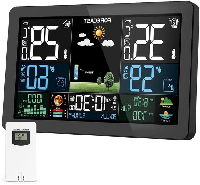 Weerstation Buiten - Weerdisplay Binnen - Weer Voorspellen - Draadloze Sensor - 60m Bereik - Zwart