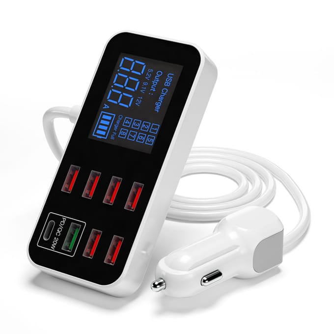 A9S+ 8-poorts USB-autolader Snelle autolader LCD-scherm Ultradunne USB-hub voor telefoon, tablet, DVR wit