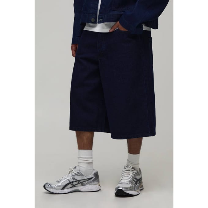 Varsity Embroidered Longline Denim Jorts | Indigo | Size 48