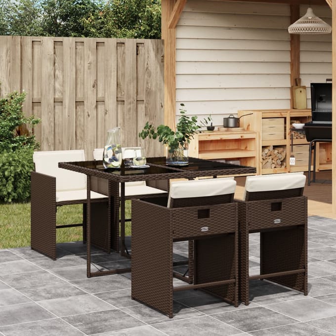 vidaXL - 5-delige - Tuinset - met - kussens - poly - rattan - bruin