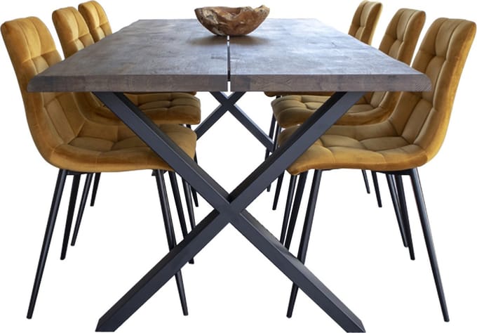 Tony eethoek , 1 eettafel en 6 stoelen geel en eik.