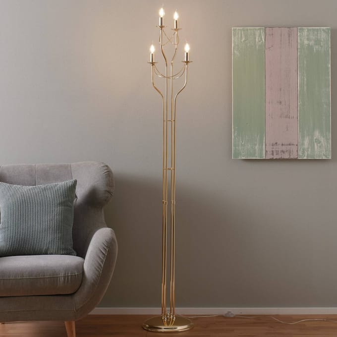 Domiluce Retro vloerlamp, 4-lamps, goudkleurig, 180 cm