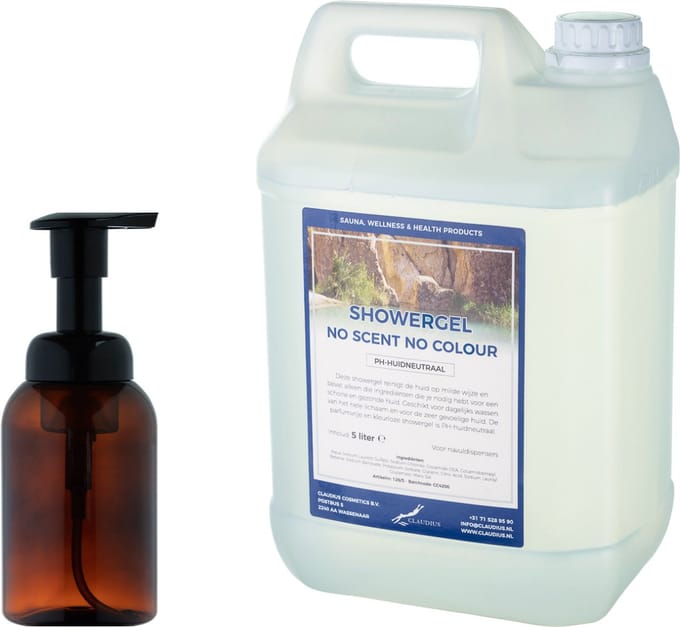 Zeepdispenser 300 ml amber bruin hervulbaar + 5 liter Showergel No Scent No Colour navulling