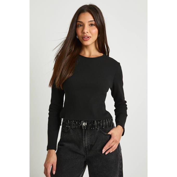 boohoo Dames Glinsterende afwerking lange mouwen geribde top | Black | Maat: 14