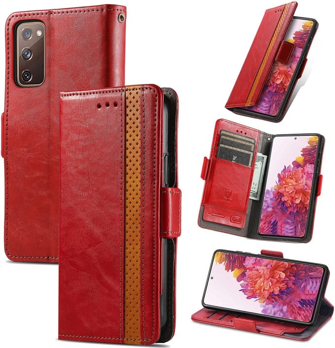 Stijlvol Tweekleurig PU-leer Wallet Flip Case + PMMA Screenprotector voor Galaxy S20 FE _ Rood