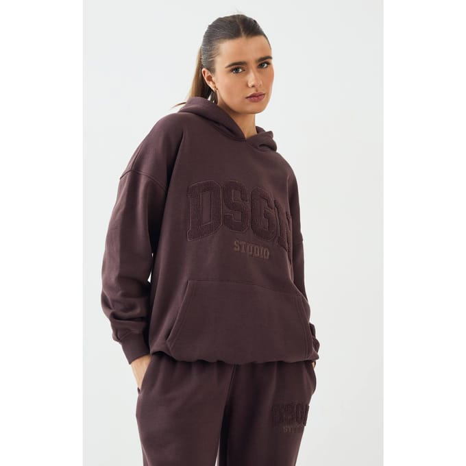 Dames DSGN Studio Badstof Applique Oversized Hoodie | Chocoladebruin | Maat: 3XL