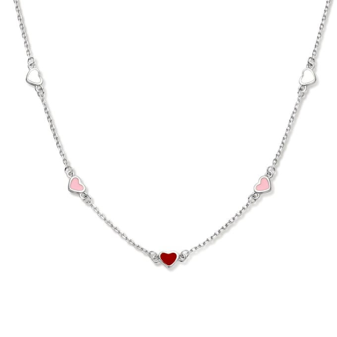 YO&NO Ketting Hartjes - Dames - Emaille - 41+3cm - Rood - Roze - Wit - Sieraden Vrouw - Zilver 925