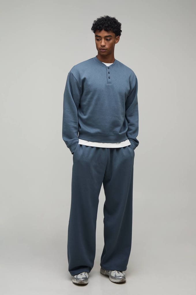 Oversized Boxy Henley Sweatshirt En Wijde Pijpen Joggingbroek | Slate | Size Small