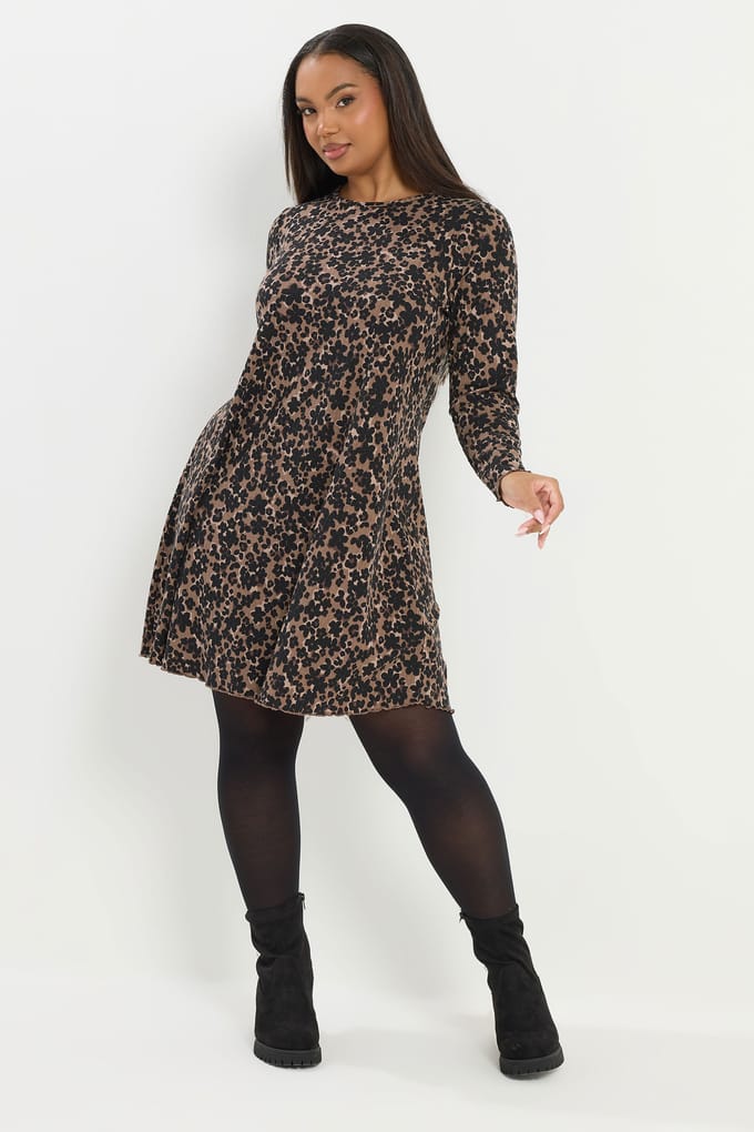 Yours Bruine Geribbelde Tuniek Met Luipaardprint Size 50-52