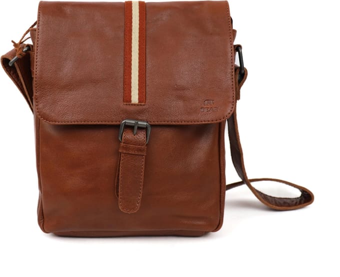Bear Design Baggio Stripe Leren Schoudertas / Kleptas - Cognac