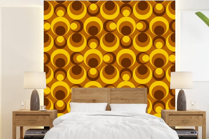 Behang - Fotobehang Patronen - Retro - Bruin - Geel - Breedte 200 cm x hoogte 220 cm