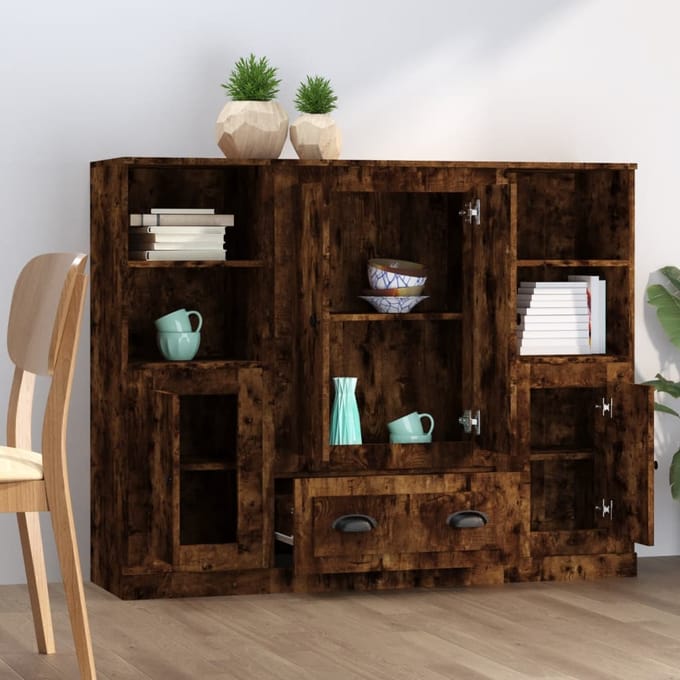 vidaXL - Hoge - kasten - 3 - st - bewerkt - hout - gerookt - eikenkleurig