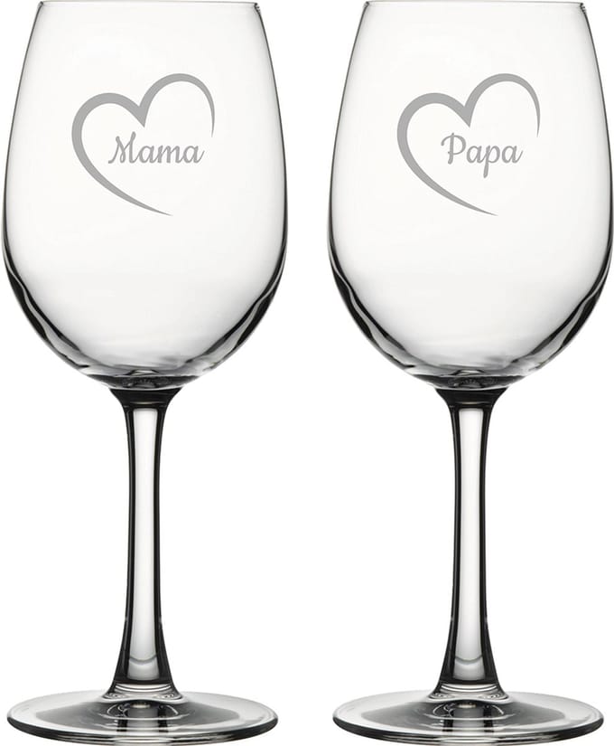 Gegraveerde witte wijnglas 36cl Mama met hartje & Papa met hartje