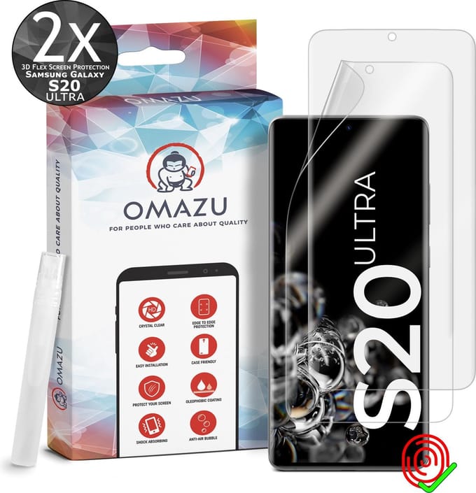 Samsung Galaxy S20 Ultra OMAZU 3D Flex TPU Screenprotector, 2 Pack - 100% vingerafdruk scanner compatible- Edge-to-Edge beschermingsfunctie