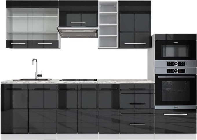 Vicco Fame-Line Complete keukeneenheid – 280 cm, WB Marmer Antraciet hoogglans/wit