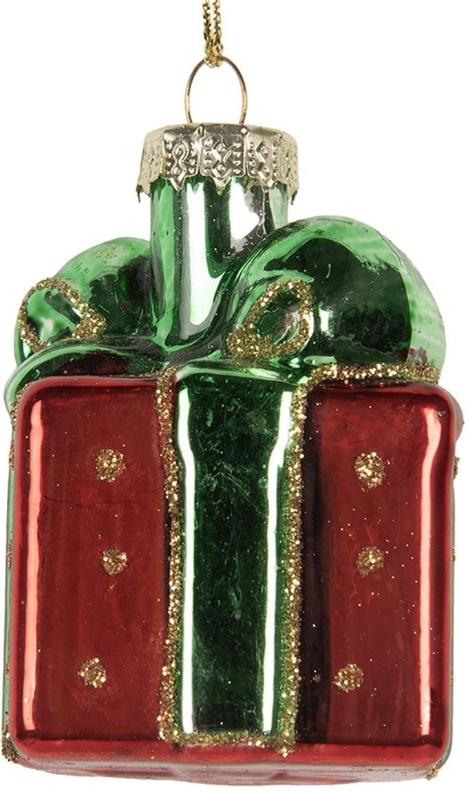 Clayre & Eef Kersthanger Cadeau 4x4x6 cm Rood Glas