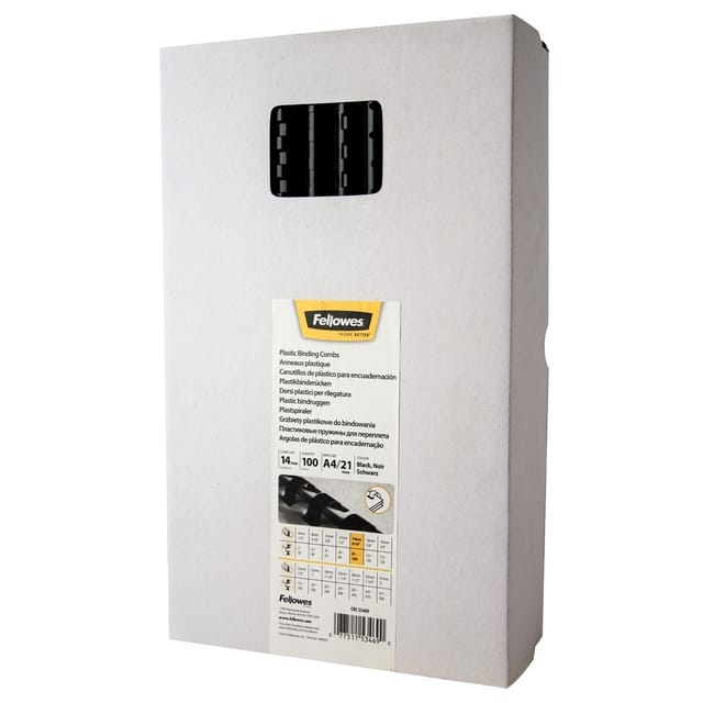Fellowes plastic inbindruggen, formaat 14 mm, 100 stuks, voor inbindmachines plastic inbindrug zwart, 100
