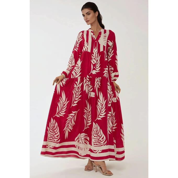 Geprinte Lange Mouwen Viscose Maxi Jurk