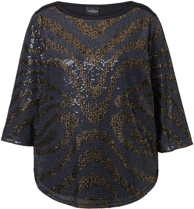 Ulla Popken - Dames - Overhemdblouse dubbellaags boothals 3/4-mouwen - Zwart - Maat 58+
