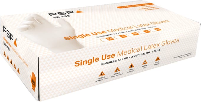 Werkhandschoenen PSP 50-190 Allround Single Use Medical Latex, poedervrij, crème wit, 6,5 gr (per 100 stuks in dispenserbox), maat S