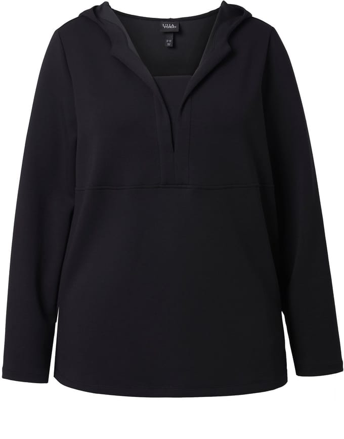 Ulla Popken - Dames - Sweatshirt capuchon V-hals lange mouwen modalmix - Zwart - Maat 42+