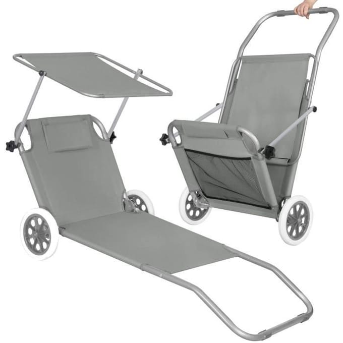Chaise longue - SPRINGOS - Inclinable - Appui-tête - Roues en caoutchouc - Pare-soleil - Gris gris