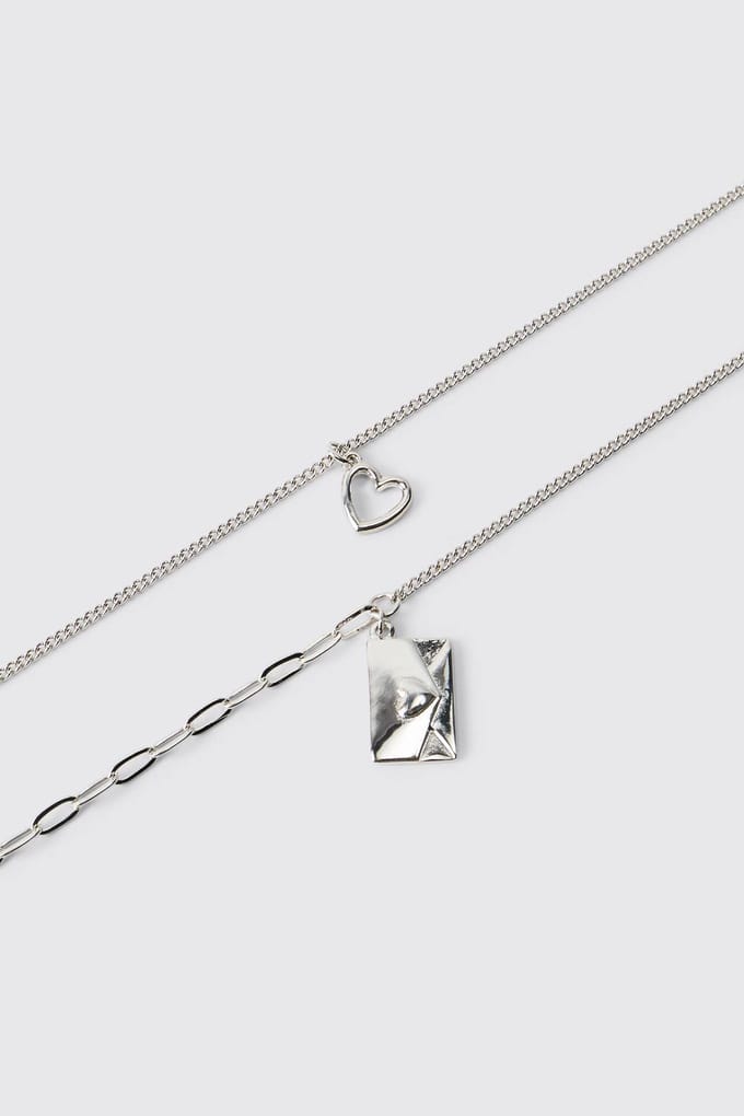 Double-Layer Silver Necklace with Envelope & Heart Charm